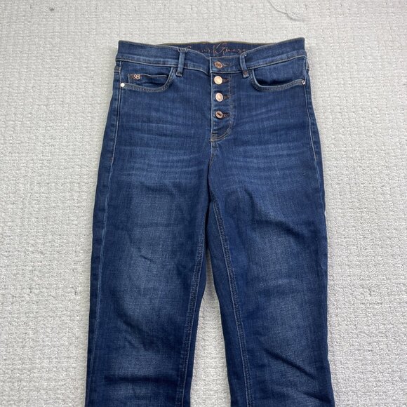 Y2K GUESS 1981 Skinny Jeans Women 29 Dark Wash Blue Pocket Logo Button Fly - Picture 2 of 9